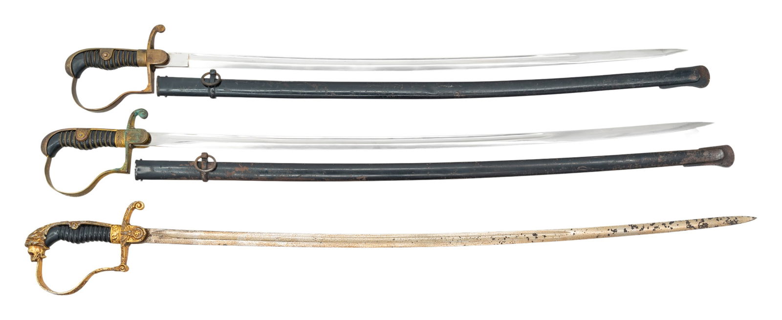 3 WWI AND WWII GERMAN SWORDS.: 1) WWII German Army officer's sword measuring 36 1/2" overall with a plain blade marked "EMIL VOOS (logo) SOLINGEN". Gilded brass hilt with reverse P knuckle bow and a droop wing eagle and Party