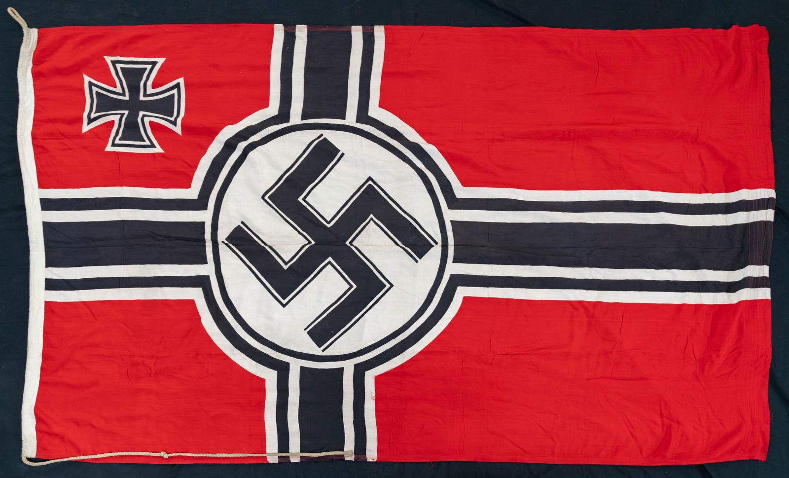 3 WWII GERMAN MILITARY & POLITICAL FLAGS / BANNERS: 1) WWII German party flag or banner measuring about 42 1/2" x 35 1/2". The flag / banner is of standard form, style, and colors. CONDITION: light wear overall. 2) WWII German party flag or banner meas