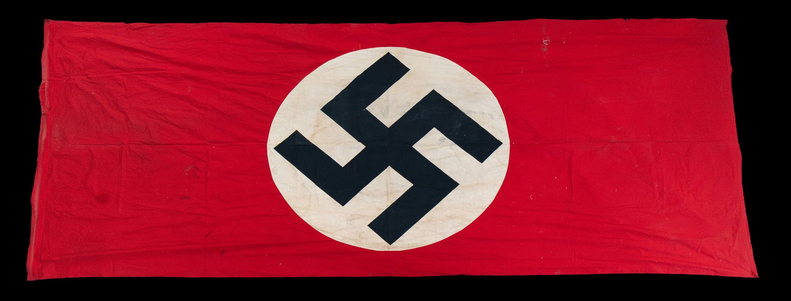 2 LARGE WWII GERMAN PARTY FLAGS OR BANNERS.: 1) Large WWII German Party flag or banner measuring about 114 1/2" x 116 3/4". Flag is of standard form and style. CONDITION: light wear. 2) Large WWII German Party flag or banner measuring about 139