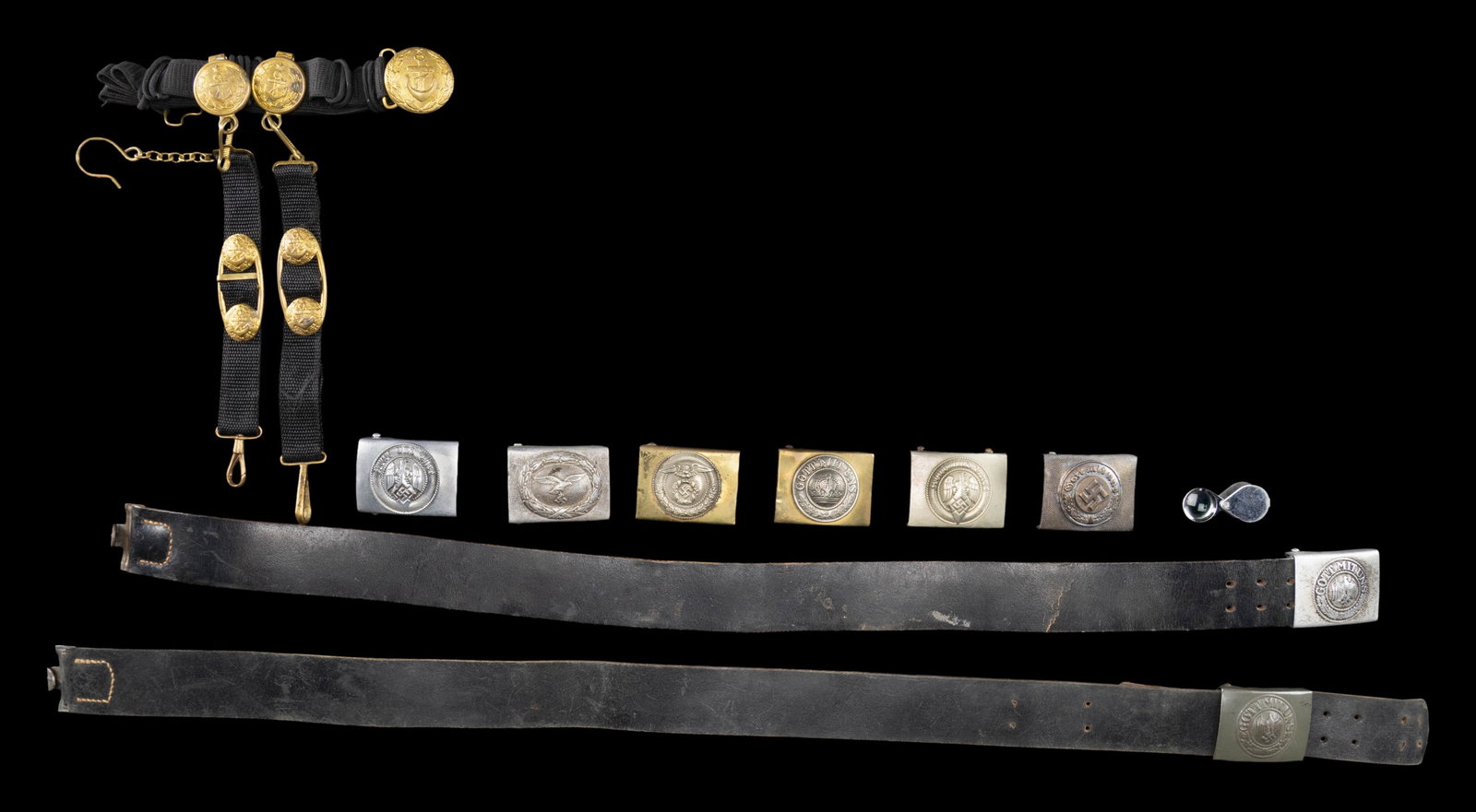 WWII GERMAN BELTS / BUCKLES & RUSSIAN DAGGER BELT.: This fine group of belt and buckles include 1 Army bely and buckle with a field green painted finish, 1 aluminum Army buckle on its original belt, 1 aluminum Luftwaffe belt buckle, 1 WWI German belt b