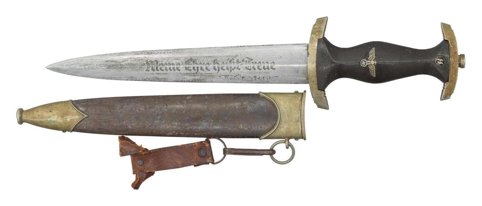 POST WWII ASSEMBLED SS PARTS DAGGER.: This is a parts WWII German SS dagger assembled after the war from original and post war parts. The blade is original and is etched "Meine Ehre Heisst Treue" with a marking on the reverse that reads "