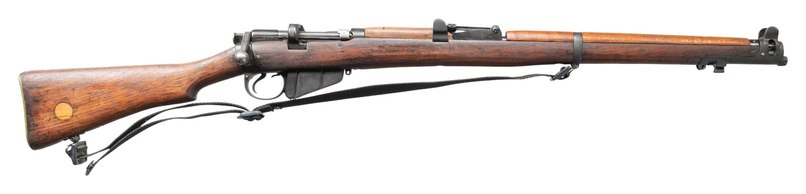 WW1 BSA MKIII* SMLE BOLT ACTION RIFLE.: Cal. 303 Brit. S# I55911. Bbl. 25 1/2". Standard SMLE sights. Nosecap is mismatched & forend number is illegible but other visible parts have been arsenal renumbered to match receiver. Right rear of r