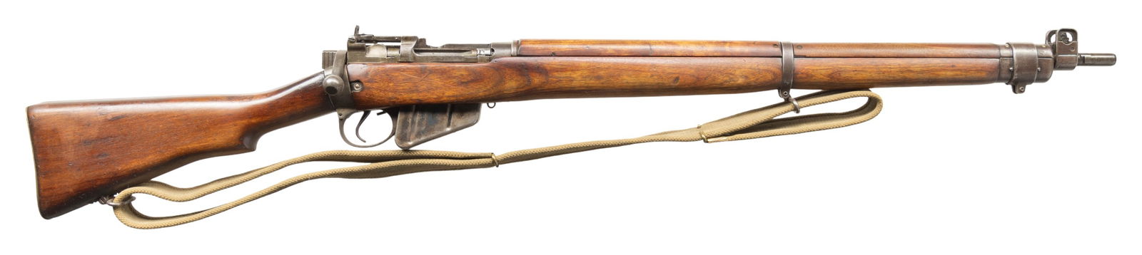 WW2 SAVAGE NO. 4 MKI* BOLT ACTION RIFLE.: Cal. 303 Brit. S# 42C7362. Bbl. 25 1/2" with British sale proofs. Blade front sight with protective ears. MK3 ladder aperture rear sight graduated to 1200yds. Matching numbers on bolt handle, socket &