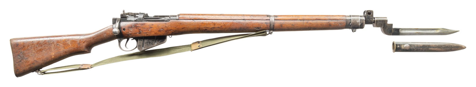 BRITISH NO.4 MK2 BOLT ACTION RIFLE.: Cal. 303 British. S# PF319399. Bbl. 25 1/2" with import marking. Standard No. 4 sights with ladder aperture rear graduated to 1300yds. All visible matching numbers. Left side of receiver has 2/54 date