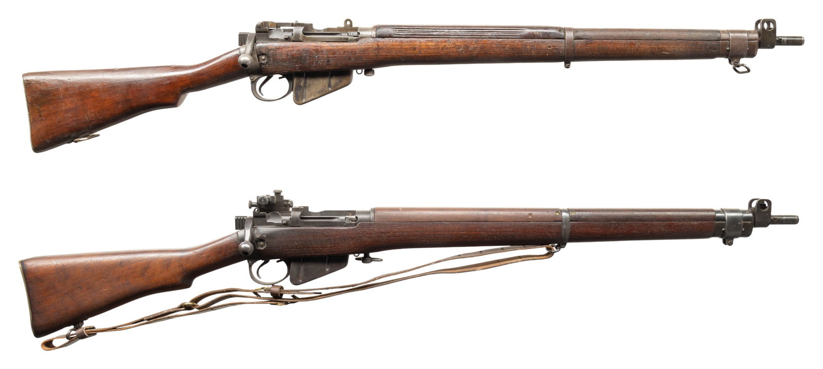 LOT OF TWO BRITISH NO4 MKI BOLT ACTION RIFLES.: This lot consists of the following rifles both Cal. 303 Brit & Bbls. 25.1) British No.4 MK1 Rifle. S# P3111. Blade front sight with protective ears. Parker Hale PH5C Aperture rear sight. Matching numb