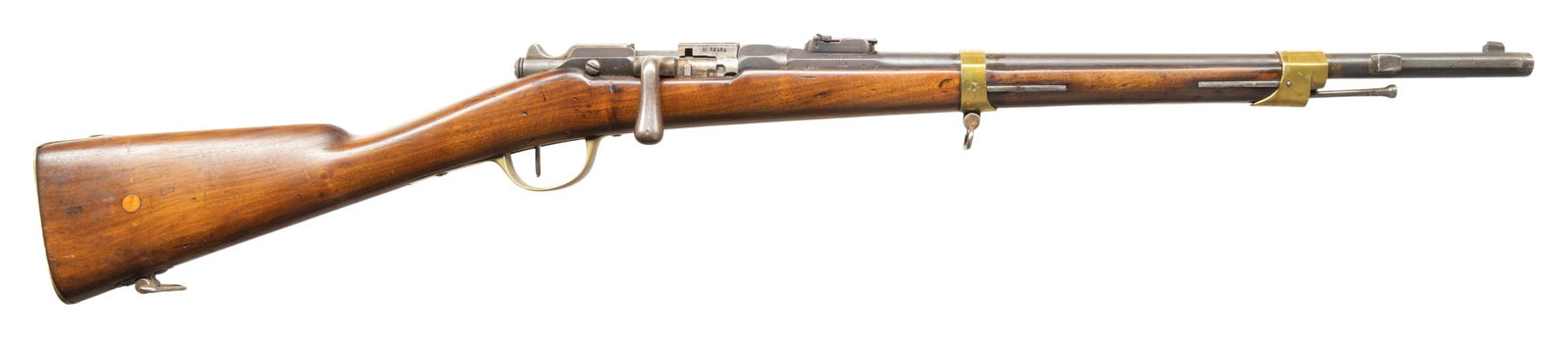 GRAS 1866-74 ARTILLERY BOLT ACTION CARBINE.: Cal. 11mm Gras. S# M18263. Bbl. 20" dated 1876. Blade front sight. Ladder rear sight graduated to 1100m. Both action screws are numbered "87" but other visible numbered parts are matching to bbl. Left