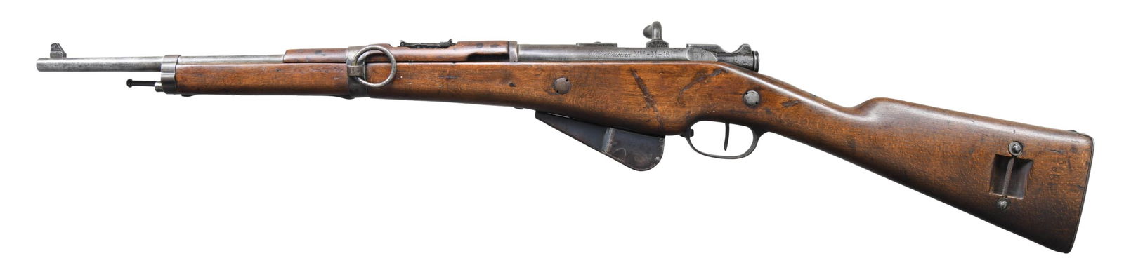 WW1 FRENCH BERTHIER M-16 BOLT ACTION MILITARY: CARBINE. Cal. 8MM Lebel. S# AB 92023. Non-matching numbers throughout. Bbl. 17 3/4". Ladder rear sight graduated to 2,000 meters. Blade front sight. Receiver marked on left side "Ets. Continsouza". ML