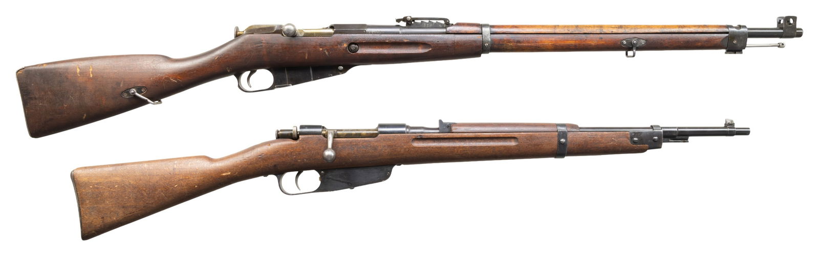 LOT OF TWO WW2 FINNISH BOLT ACTION RIFLES.: 1) Finnish M28 Mosin Nagant Bolt Action Rifle. Cal. 7.62x54R. S# 11781. Bbl. 27" with Marathon import marking. Blade front sight with protective ears. M91 style rear sight with Finnish graduations. Ma