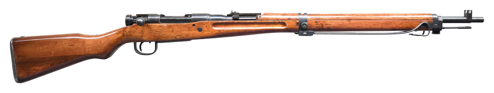 EARLY NAGOYA TYPE 99 ARISAKA BOLT ACTION RIFLE.: Cal. 7.7 Jap. S# 28479. Bbl. 25 1/2". Blade front sight. with protective ears. Ladder aperture rear sight with AA wings. Matching numbers on bolt & bayonet lug. Bolt handle has been renumbered to matc
