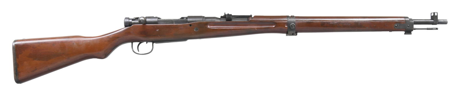 NAGOYA TYPE 99 ARISAKA BOLT ACTION RIFLE.: Cal. 7.7 Jap. S# 4278. Bbl. 25 1/2". Blade front sight with protective ears that are bent. Ladder aperture rear sight graduated to 1500m that is missing its AA wings. All matching numbers including fi