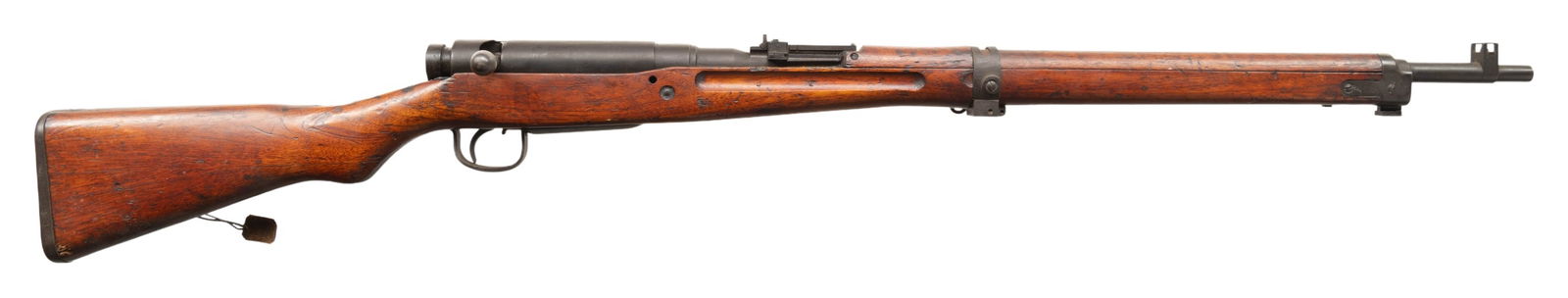 TOYO KOGYO TYPE 99 ARSIAKA BOLT ACTION RIFLE.: Cal. 7.7 Jap. S# 75325. Bbl. 25 1/2". Blade front sight with protective ears. Ladder aperture rear sight graduated to 1500yds with AA wings. Matching numbers on receiver, all bolt parts & dust cover.