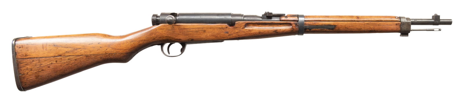 WW2 NAGOYA TYPE 38 ARISAKA BOLT ACTION CARBINE.: Cal. 6.5 Jap. S# 88336. Bbl. 19". Blade front sight with removed ears. Ladder rear sight graduated to 2000m. Matching numbers on receiver, bolt handle, firing pin, safety, dust cover, floorplate & bay