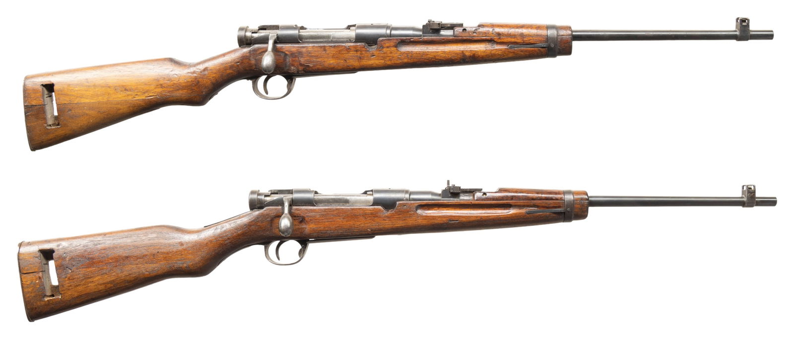 LOT OF TWO SIAMESE T91 BOLT ACTION CARBINES.: Both Cal. 6.5 Jap. Both NSN. Bbls. 19". Both T38 Arisaka style sights. Post war Siamese conversion of a Type 38 Arisaka carbine for police use. Receiver rings have Chakra markings. Arsenal blue