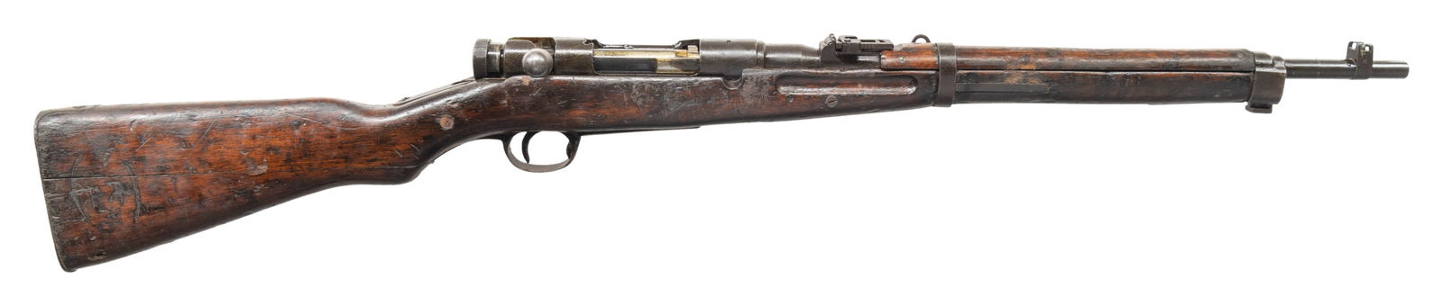 CHINESE REWORKED TYPE 38 ARISAKA BOLT ACTION: CARBINE. Cal. 7.62x39. S# 151250. Bbl. 29" with Oyster Bay import marking. Standard T38 carbine sights. Mismatched numbers throughout. Post war Chinese converted T38 carbine to 7.62x39. Receiver ring