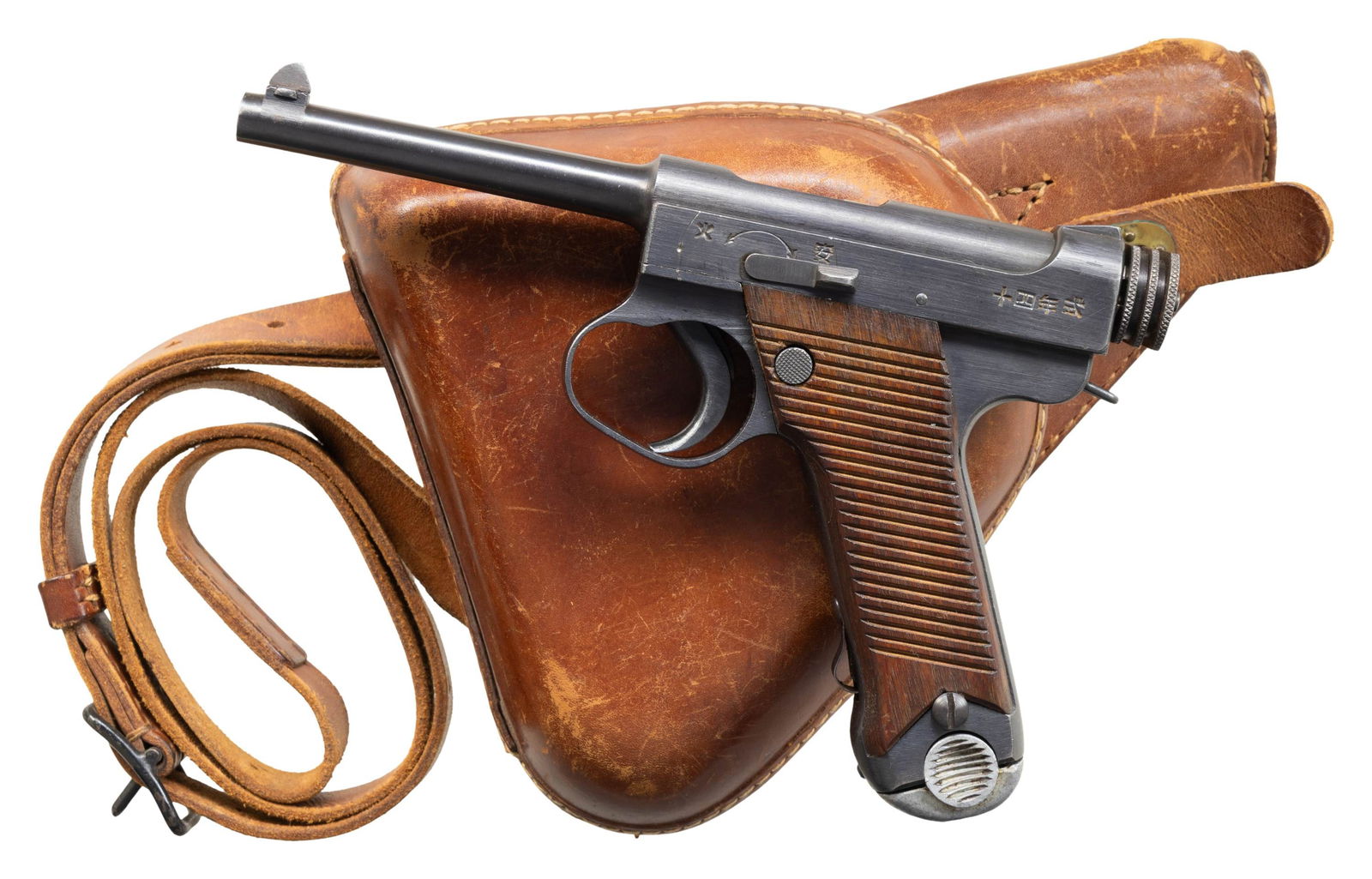 NAGOYA TYPE 14 NAMBU SEMI AUTO PISTOL.: Cal. 8mm Nambu. S# 2769. Bbl. 4 3/4". Standard T14 Nambu sights. Matching numbers on frame, both grip panels, bolt, cocking piece, firing pin & firing pin extension. Left rear of slide has Nagoya & 2n