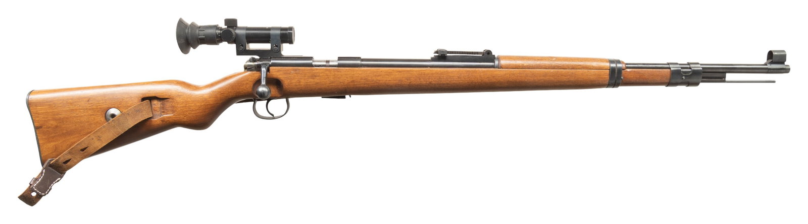 NORINCO TU-KKW BOLT ACTION RIFLE.: Cal. 22 LR. S# 9100472. Bbl. 26". K98k style sights with hooded front & tangent rear graduated to 200m. Receiver mounted 2.75x18 Chinese scope with rubber eye pieces. Scope has duplex crosshair reticl