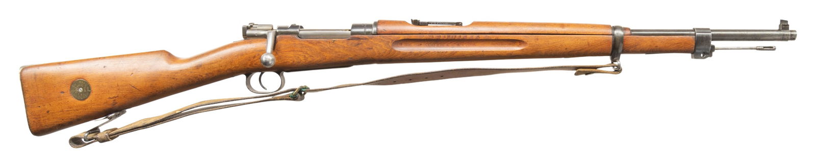 SWEDISH HUQVARNA M38 BOLT ACTION SHORT RIFLE.: Cal. 6.5x55. S# 629186. Bbl. 23 1/2" with Century import marking. Blade front sight. Ladder rear sight graduated to 600m. Matching numbers on receiver, buttplate & bolt parts. Some bolt parts are elec