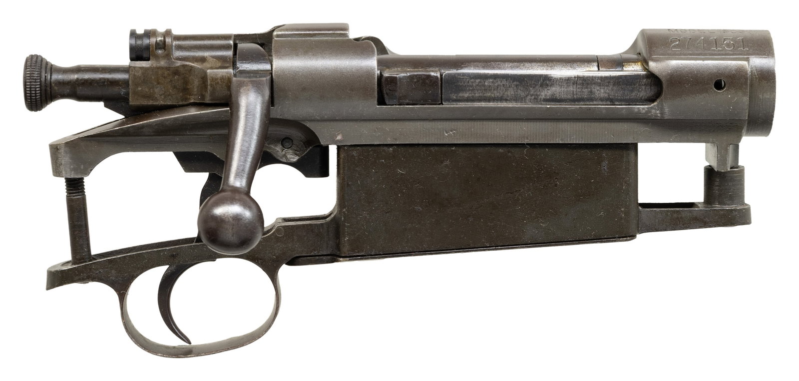 U.S. ROCK ISLAND ARSENAL 1903 RECEIVER.: S# 274151. Rock Island receiver manufactured during 1918. Receiver has been given the Hatcher hole on the left side. It is equipped with a Remington Model 1903-A3 bolt. The bolt shroud, safety and coc