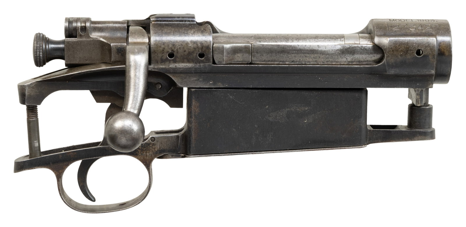 U.S. SPRINGFIELD MODEL 1903 RECEIVER.: S# 1273427. Complete Model 1903 Springfield action. Receiver produced in 1926. Does not have Hatcher hole. Receiver bridge is drilled on top with two scope holes and drilled on the side with two