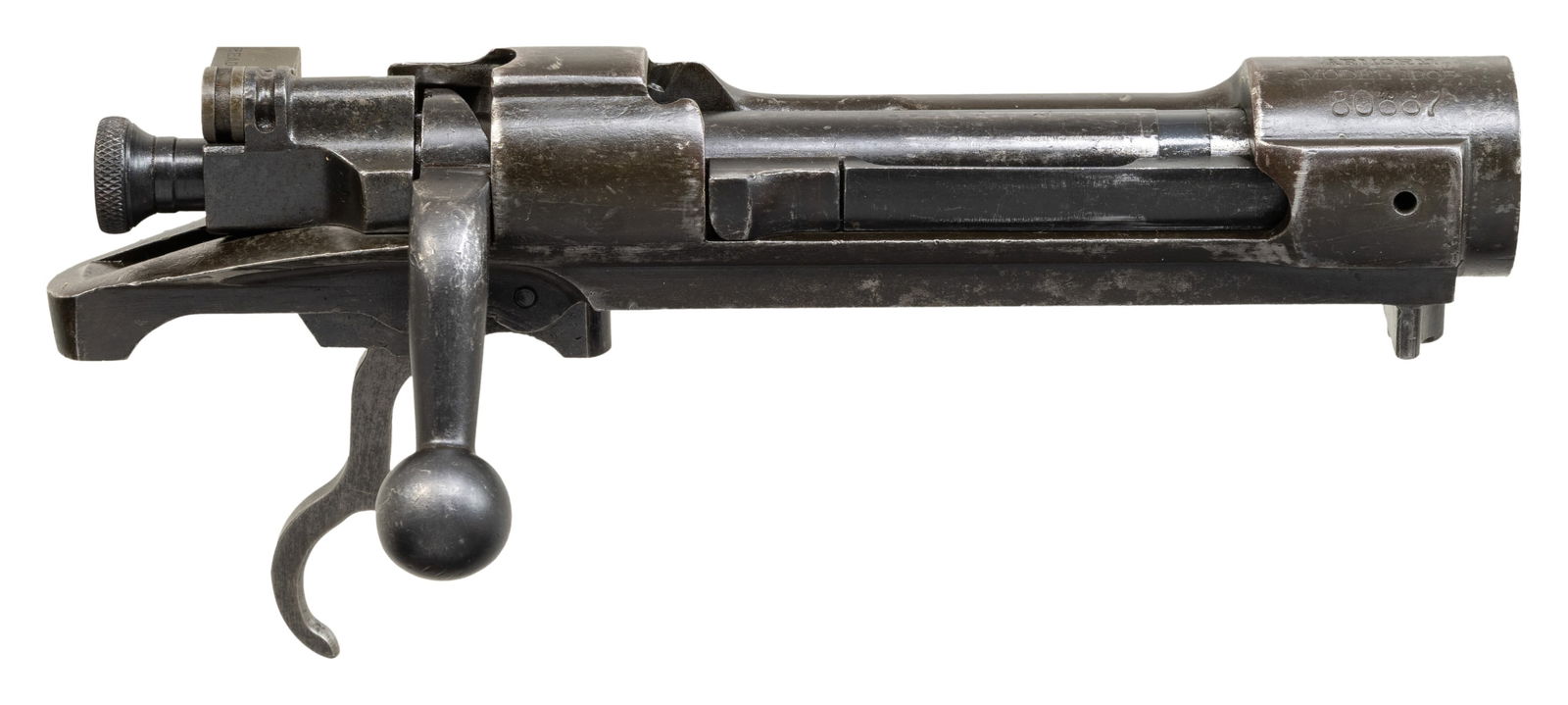 VERY EARLY PRODUCTION U.S. SPRINGFIELD MODEL 1903: RECEIVER WITH BOLT ASSEMBLY. S# 80667. Receiver manufactured in 1903 and was certainly a rod bayonet rifle as manufactured. Receiver ring is marked on top with the small letters "U.S. / SPRINGFIELD /