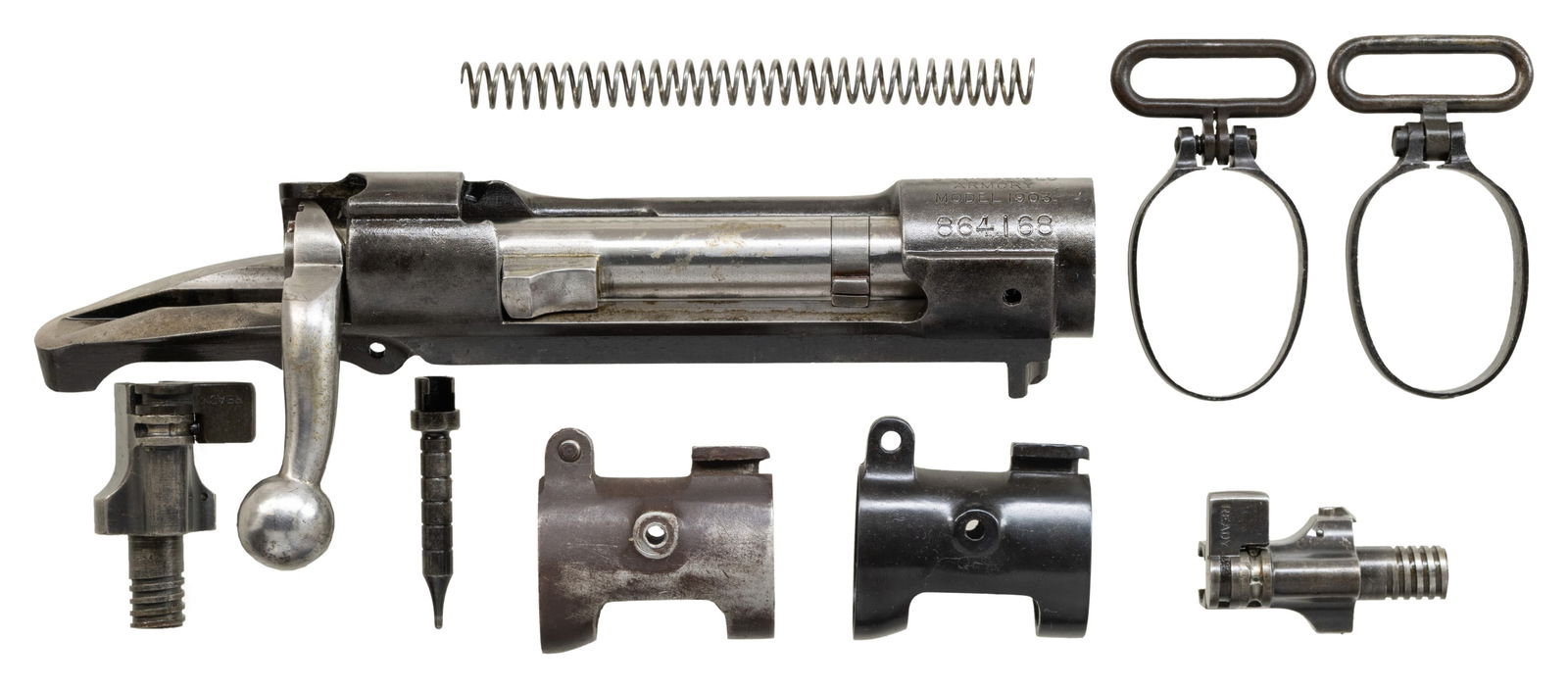 U.S. SPRINGFIELD MODEL 1903 RECEIVER AND PARTS.: S# 864168. Receiver manufactured in 1918. Receiver is totally disassembled and contains no additional parts. Parts included in the group are a bolt, unmarked bolt body equipped with an extractor colla