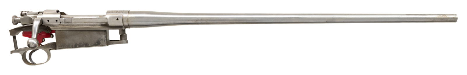 U.S. SPRINGFIELD MODEL 1903 BARRELED ACTION.: Cal. 30-06. S# 1237456. Bbl. 23 1/2". Unmarked barrel finished in the white. Single front sight mounting hole approximately 7/8" behind muzzle. Receiver has had most of its finish removed and is drill