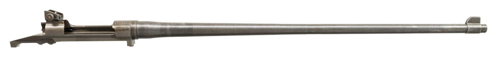 U.S. REMINGTON MODEL 03-A3 BARRELED RECEIVER.: Cal. 30-06. S# 3368649. Bbl. 24". The barrel, which is marked behind the front sight "RA / flaming bomb / 9-43", is also marked on top ahead of chamber "RBLT.O.B.S.3 / 27.6.45". These marks indicate