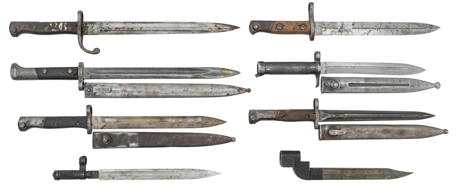 LOT OF 8 FOREIGN BAYONETS.: This lot consists of the following bayonets: 1) Swedish M96 Bayonet. Scabbard present that has different unit mark that bayonet. CONDITION: good with scattered wear, thinning & light oxidation. 2) Spa
