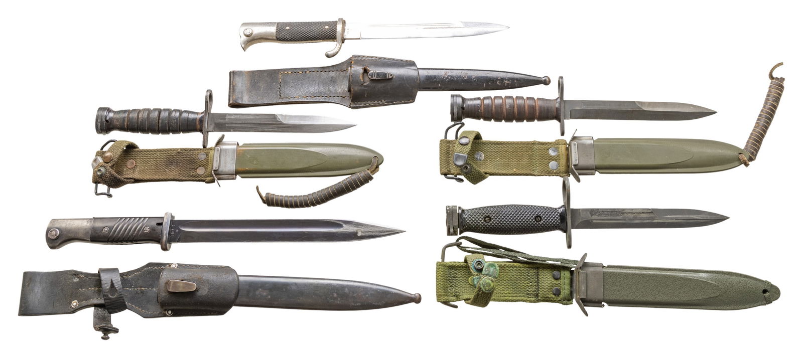LOT OF 5 BAYONETS.: This lot consists of the following: 1) Leather handled M4 Bayonet. Imperial marked crossguard. BMCo. M8A1 scabbard & canvas frog present. CONDITION: very good overall with scattered edge & age wear. 2