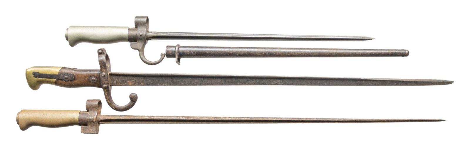 LOT OF 3 FRENCH BAYONETS.: This lot consists of the following French bayonets: 1) 86/93 Lebel Bayonet. No scabbard present. CONDITION: metal is an overall dull gray oxidized patina. Handles show overall flaking, staining & oxid