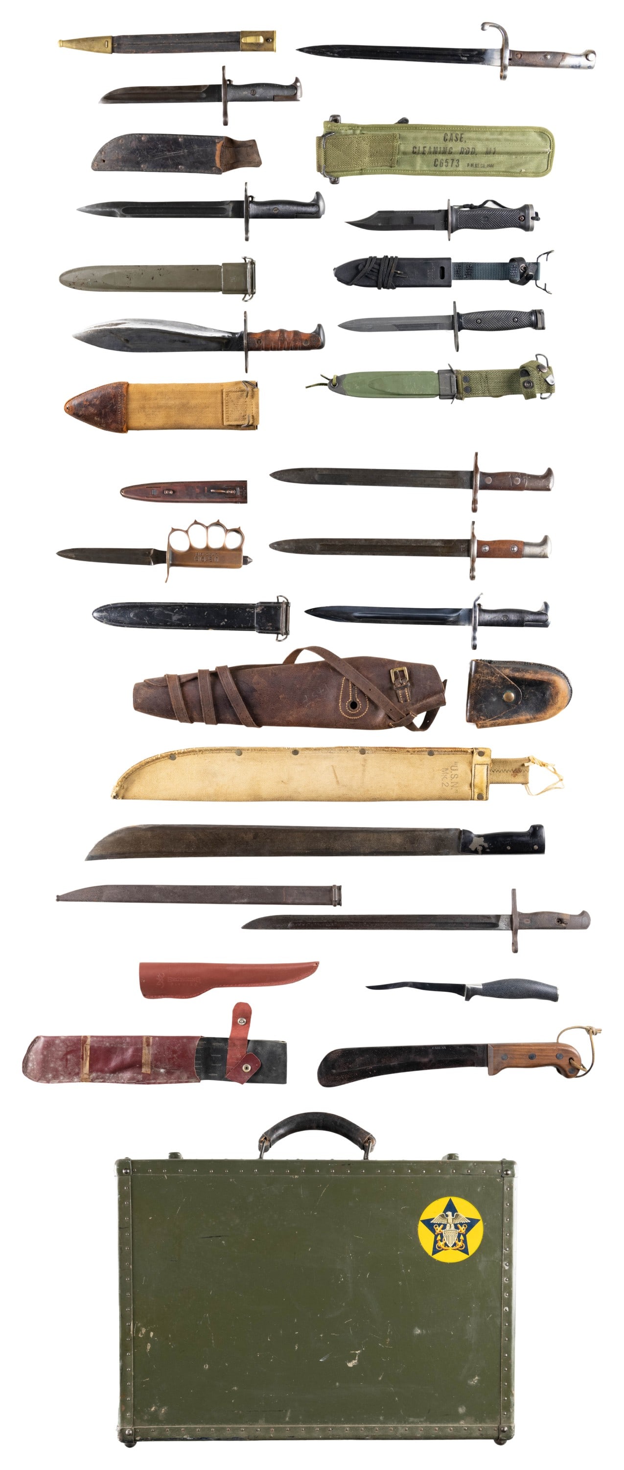 LOT OF PRIMARILY U.S. BAYONETS & EDGED FIGHTING: WEAPONS. Lot of primarily U.S. bayonets and edged fighting weapons, including: 1) x1 U.S. Model 1982 Krag rifle bayonet dated "1903". Left side of the ricasso is marked "1903", with "US" marked on the
