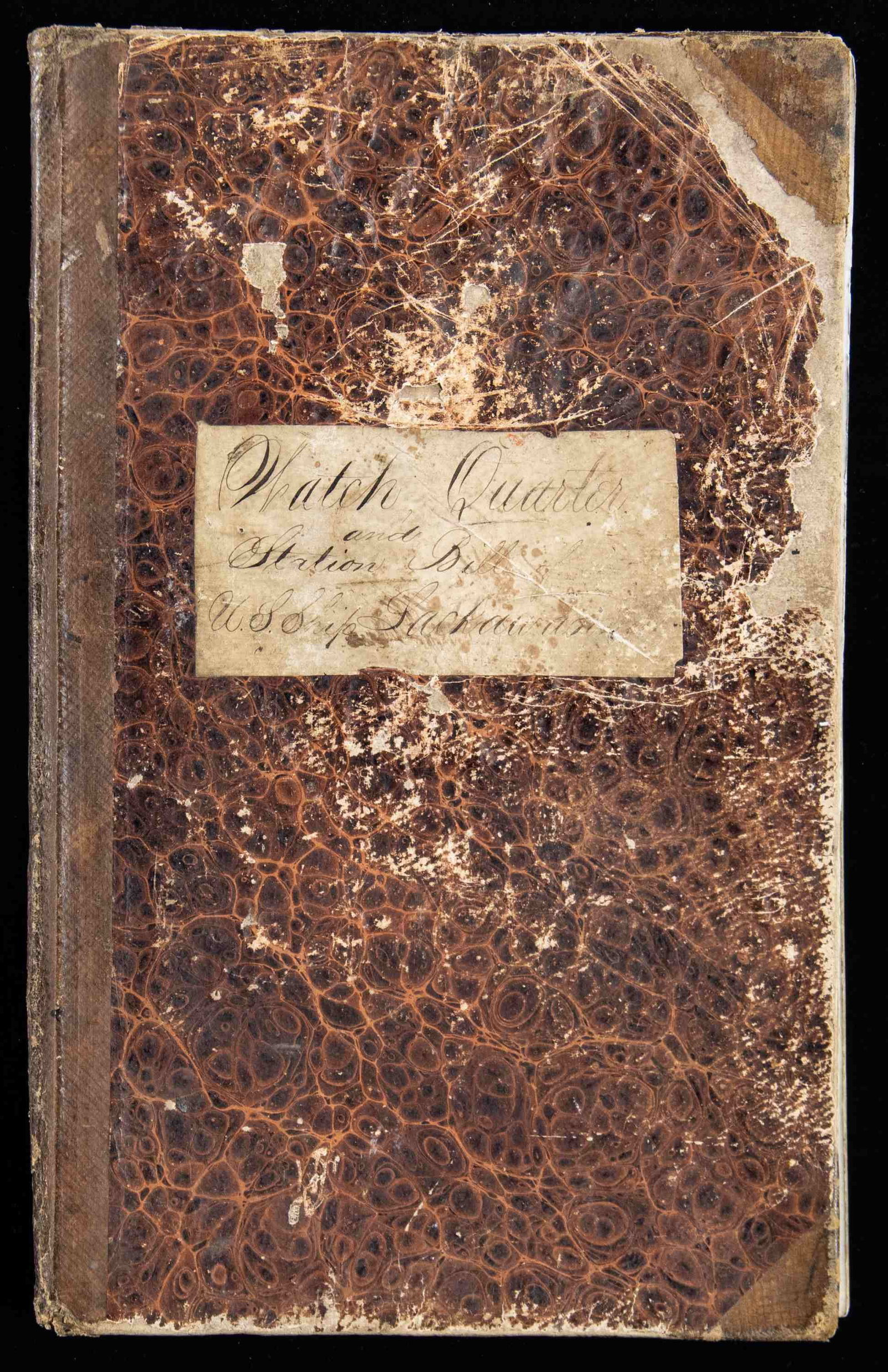 USS LACKAWANNA WATCH, QUARTER, & STATION BILL: LEDGER. This ledger details every crew member's specific duties for routine and battle conditions. Cannon crews are listed by gun, types of weapons to be issued to each man for battle, etc. 13.5" x 8.