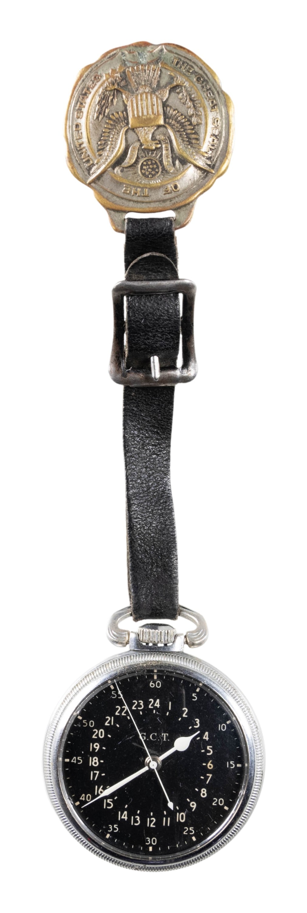 WWII US HAMILTON 4992B POCKET WATCH.: Diameter approx. 2". Black dial 24 hr G.C.T. watch, 22 jewel engine. Keystone coin finished case S# 001727 engraved on exterior "PART NO. AN 5740 / MFR'S PART NO. 4992B/ SERIAL NO. AC-42-8820 / CONTRA