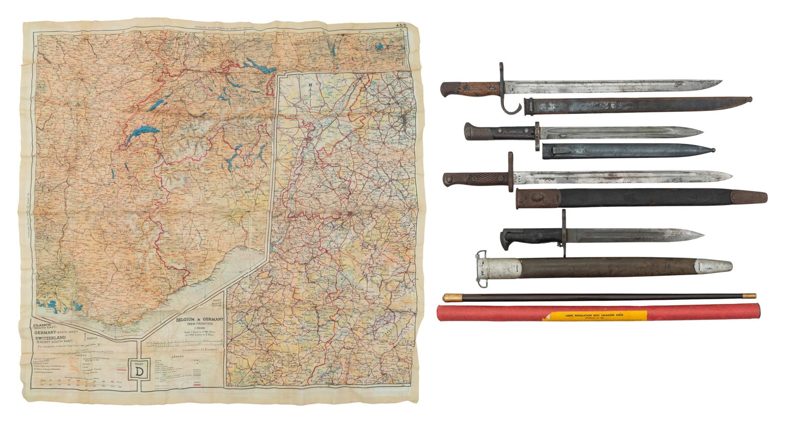 4 BAYONETS, SWAGGER STICK & SILK MAP.: 1) "CSZ G" bayonet & scabbard for Czech Vz 24 rifle.2) 1 UC M1 Garand bayonet w/ M1917 scabbard. 3) Jap. TYpe 30 bayonet.4) Spanish made bayonet & scabbard. CONDITION: all bayonets appear complete wit