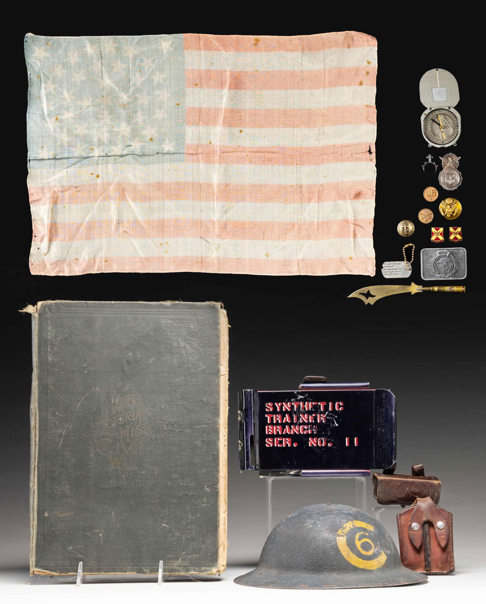 US 38 STAR FLAG AND VARIOUS AMERICAN MILITARIA.: This lot includes 1 large 16 1/4" x 11 1/2" copy of Harper's Pictorial History of the Civil War in rough condition, 1 WWI M1917 US helmet having a yellow "6" within a "C" painted on the front complete