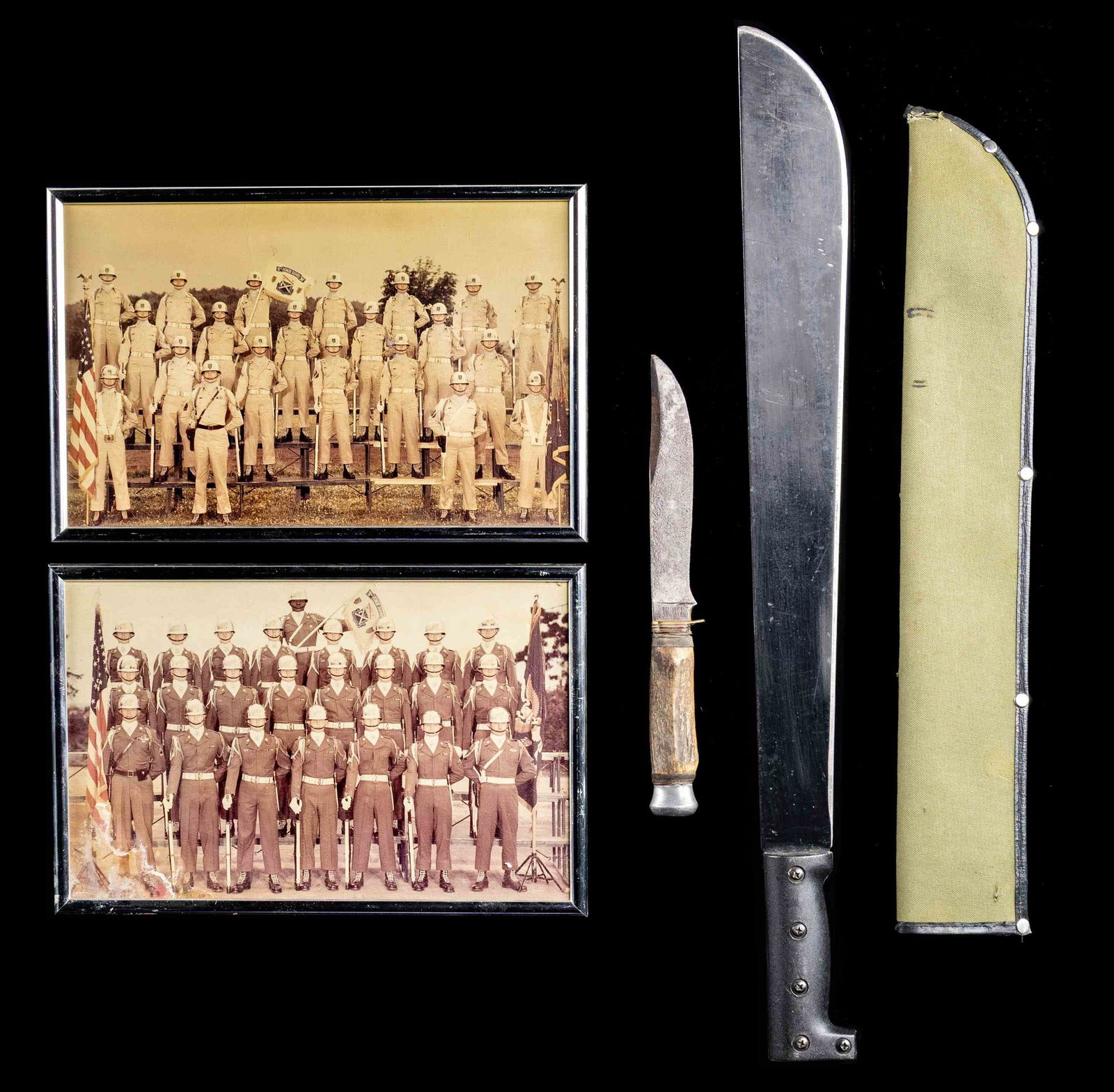 LOT OF 2 18TH HONOR GUARD INFANTRY PHOTOS & 2: ASSORTED EDGED WEAPONS. 1) x2 framed photos of the U.S. 18th Infantry Divison Honor Guard. Bright polished alloy frames are marked "MATTISON AVENUE FRAMING/ 2280 GALENA ST./ AURORA, CO 80010" on rear.