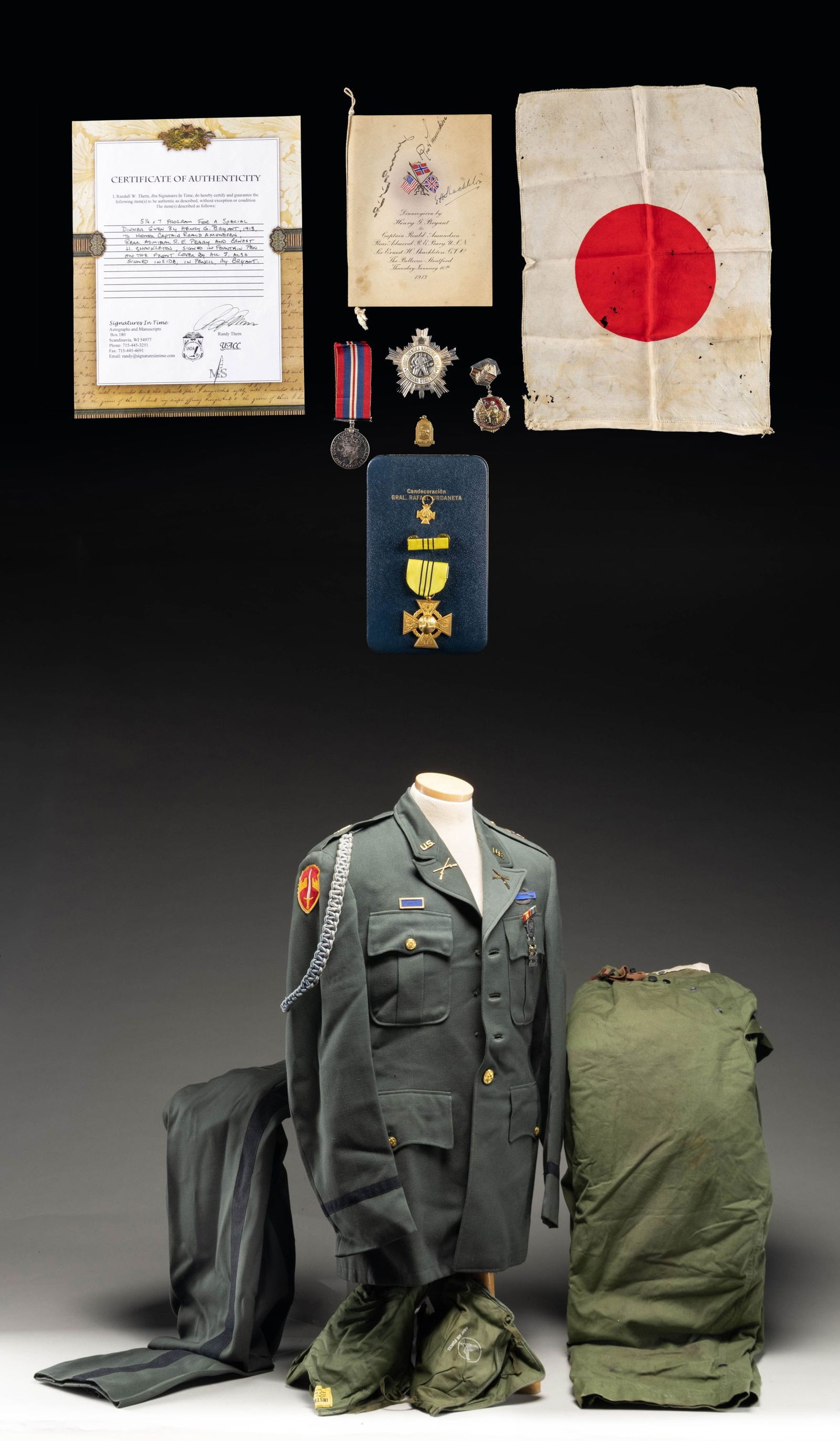 MISC MILITARIA LOT.: This lot consists of the following militaria: 1) US Army Blouse. Blouse has 1st Army patch, 169th Infantry insignia, combat infantryman badge, two ribbons, marksmanship badges with pistol, rifle, carb