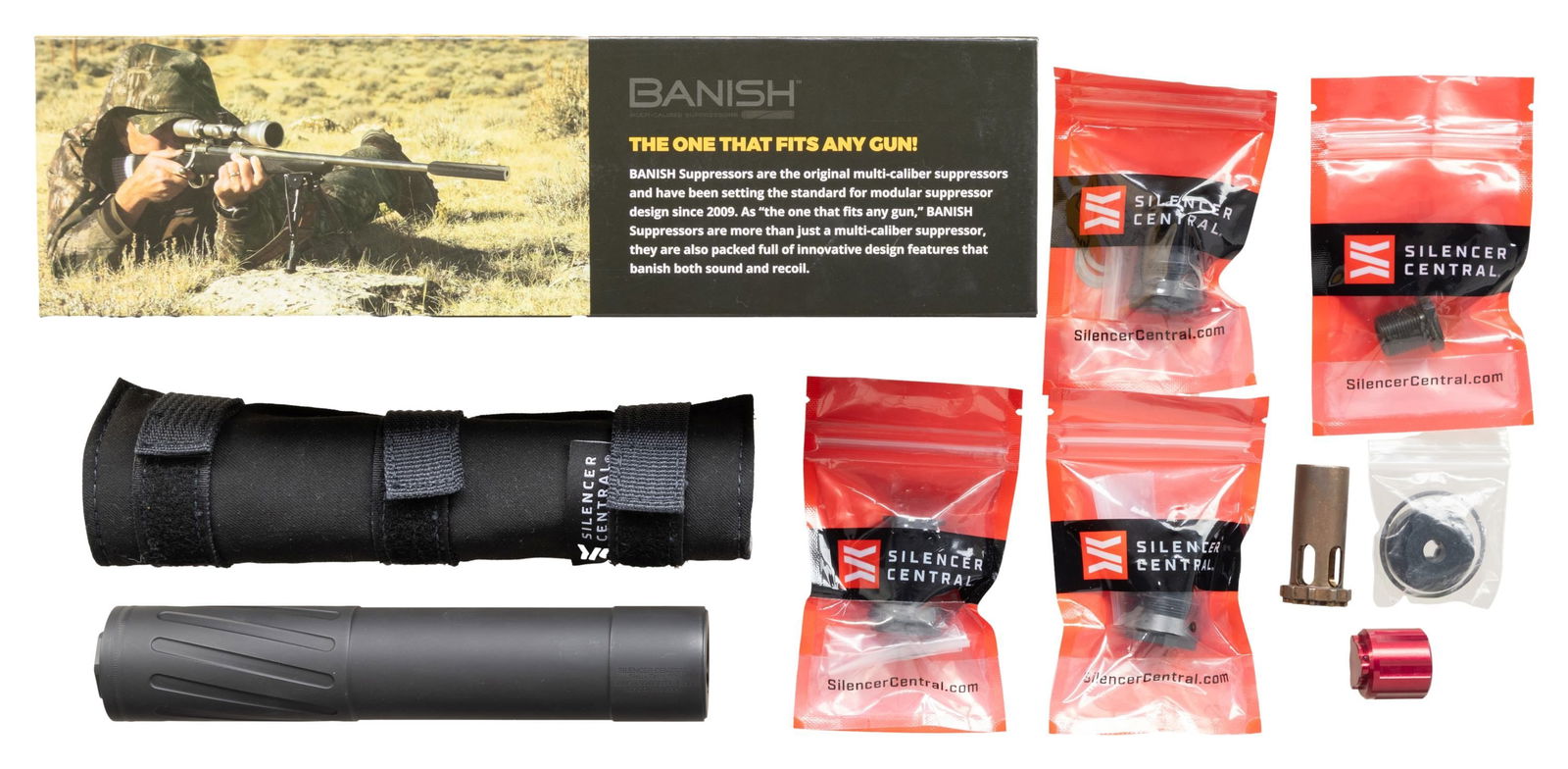 AS NEW IN BOX SILENCER CENTRAL BANISH 30 GOLD: SOUND SUPPRESSOR. Cal. 30. S#G30G-010853. 8.2" Titanium, 30 caliber sound suppressor w/ 11 baffles. Black Cerakote finish. Currently outfitted w/ direct thread titanium 5/8"x24 muzzle brake adapter.