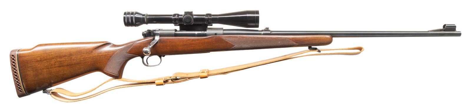 270 WIN. WINCHESTER PRE-64 MODEL 70 BOLT ACTION: RIFLE WITH GRIFFIN & HOWE MOUNT. Cal. 270 Win. S# 158645. Mfg. 1950. Bbl. 24". Hooded blade front sight & folding rear sight. Control feed action has matching numbered bolt & hinged floorplate. Griffi