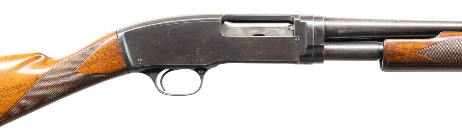 WINCHESTER MODEL 42 PUMP SHOTGUN.: Cal. 410. 3". S# 18382. Bbl. 25 3/4" over an aftermarket Cut's compensator with skeet tube. Original choke with MOD. Beavertail forearm and straight grip stock having original buttplate and factory
