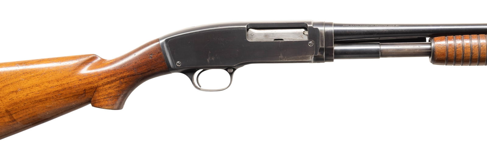 WINCHESTER MODEL 42 FIELD GRADE PUMP SHOTGUN.: Cal. 410. 3". S# 17170. Bbl. 26" plain with steel bead and MOD choke. Small round grooved forearm and pistol grip walnut stock. LOP: shortened to 13 5/8" over an aftermarket redhead pad. Mfg. 1935.