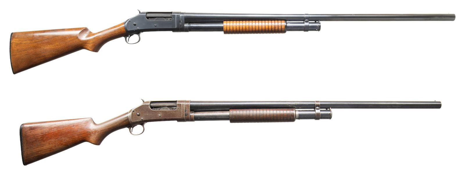 LOT OF 2 WINCHESTER MODEL 1897 PUMP ACTION: SHOTGUNS. 1) Cal. 12 GA. S# E523544. Bbl. 28". Model 1897 pump action shotgun mfg. by Winchester in 1914. Top of the bbl. is marked with Winchester's 2-line mfg. and patent information, followed by