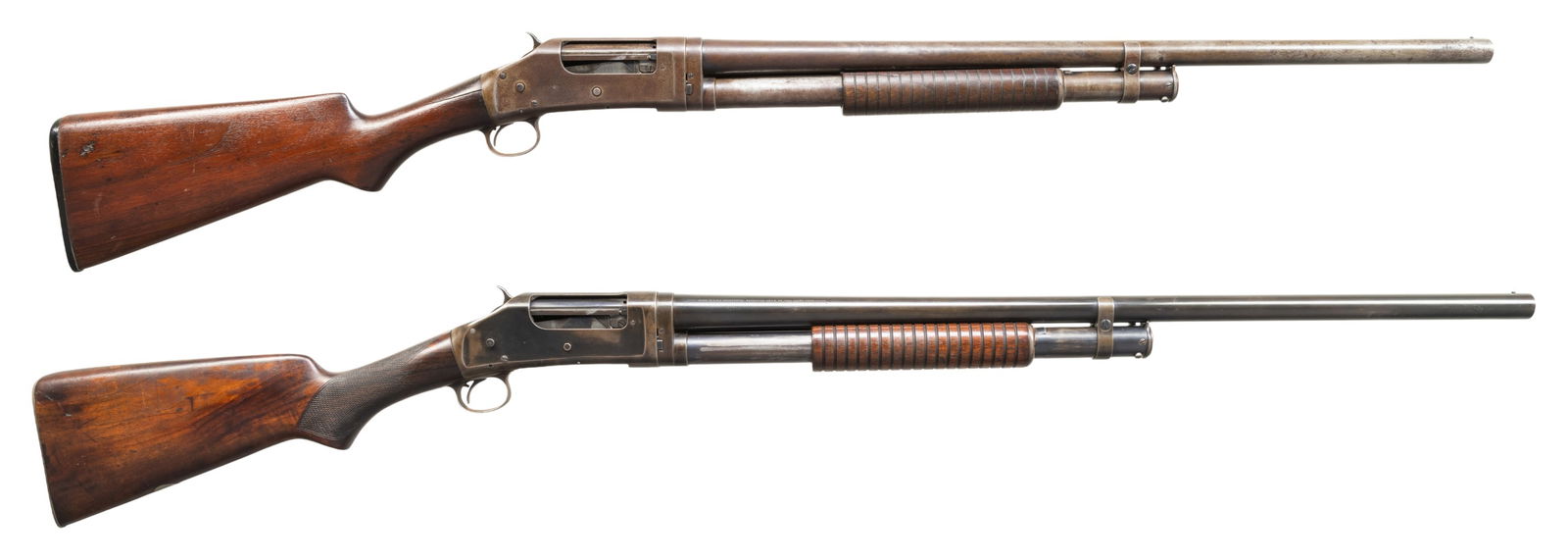 LOT OF 2 WINCHESTER MODEL 1897 & 97 PUMP ACTION: SHOTGUNS. 1) Cal. 12 GA. S# E510042. Bbl. 26". Model 1897 pump action shotgun mfg. by Winchester in 1912. Top of the bbl. is marked with Winchester's 2-line mfg. and patent information, followed by