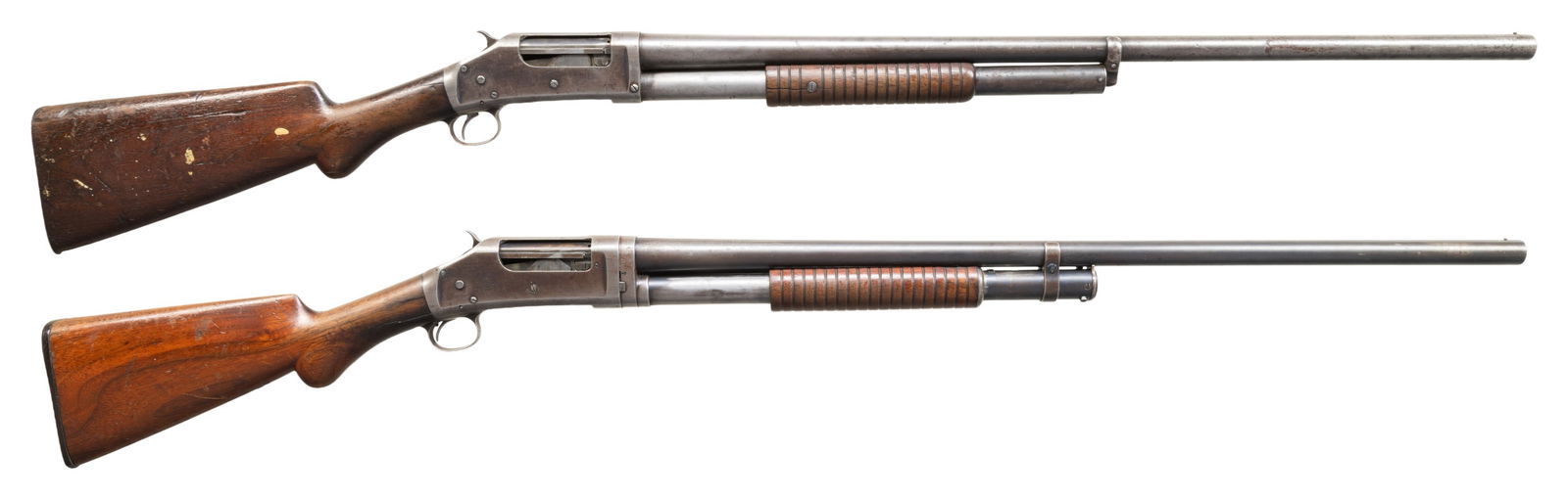 LOT OF 2 WINCHESTER MODEL 1897 PUMP ACTION: SHOTGUNS. 1) Cal. 12 GA. S#, C60187. Bbl. 30". Second year of production Model 1897 pump action shotgun mfg. by Winchester in 1899. Top of the bbl. is marked with Winchester's 2-line mfg. and patent