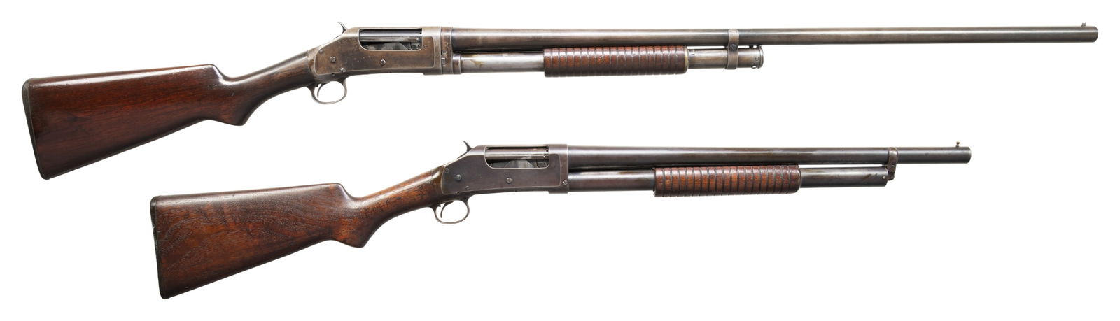 LOT OF 2 WINCHESTER MODEL 97 & 1897 PUMP ACTION: SHOTGUNS. 1) WINCHESTER MODEL 97 SLIDE ACTION SHOTGUN. Cal. 12 GA. S# E826045. Bbl. 32". Model 97 slide action shotgun mfg. by Winchester in 1931. Left side of the bbl. is marked with the model and