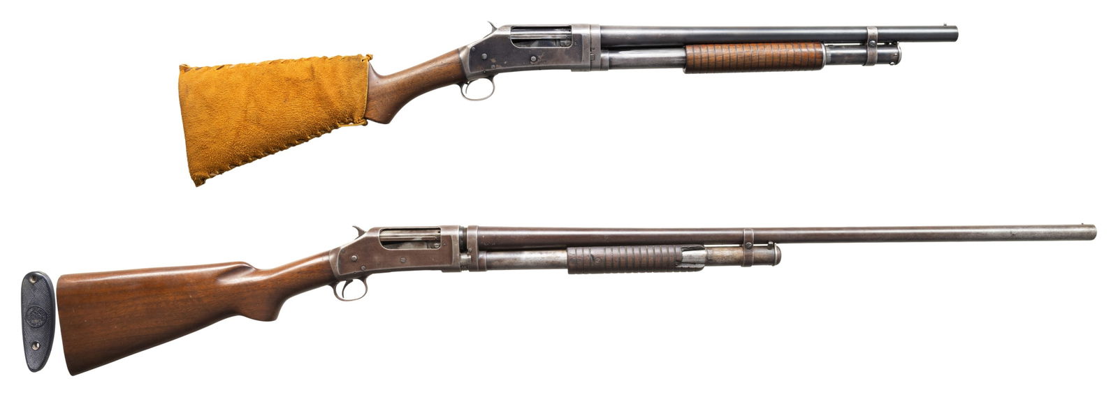 LOT OF 2 WINCHESTER MODEL 1897 PUMP ACTION: SHOTGUNS. 1) Cal. 12 GA. S# 474533. Bbl. 19". Model 1897 pump action shotgun mfg. by Winchester in 1911 as part of the E Series. Top of the bbl. is marked with Winchester's 2-line mfg. and patent