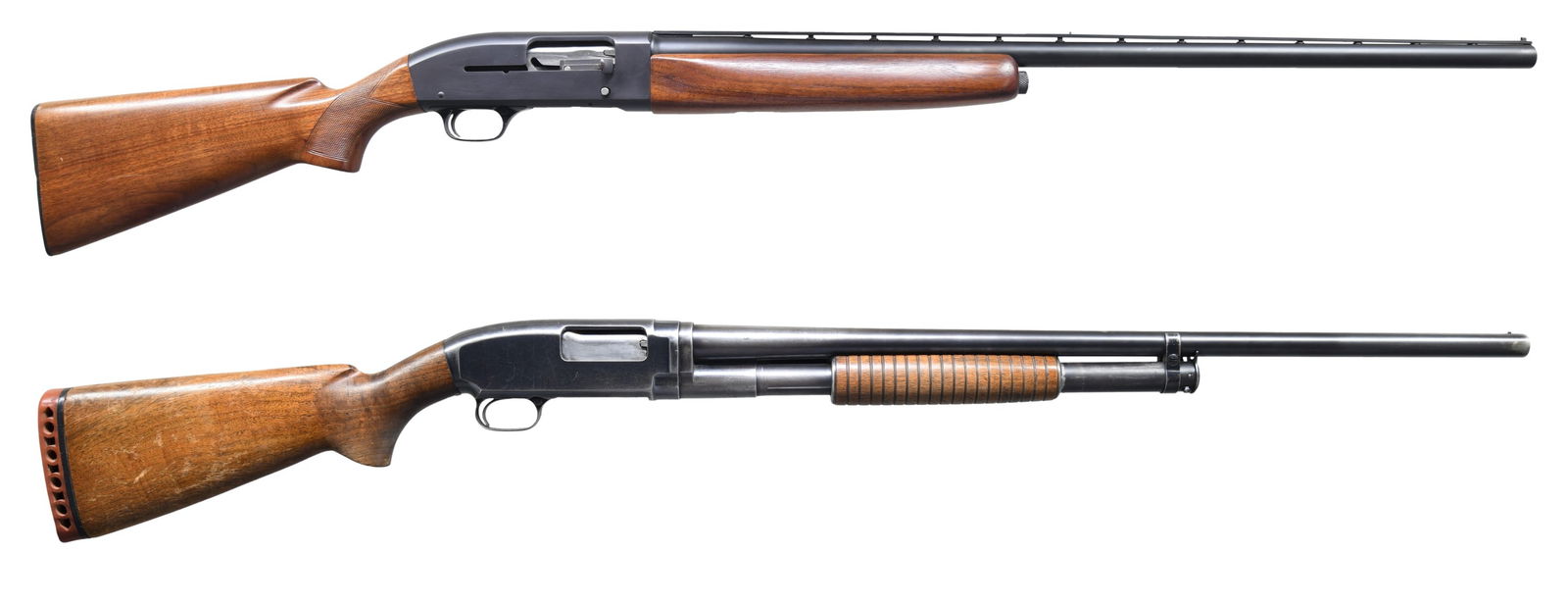 WINCHESTER MODEL 50 & MODEL 12 SHOTGUNS.: 1) MODEL 50 AUTO-LOADING. Cal. 12 ga. 2 3/4". S# 43447. Bbl. 30" w/ small round oval post vent rib having proof mark on right side of bbl. Broken target front sight w/ steel mid bead. Forearm &