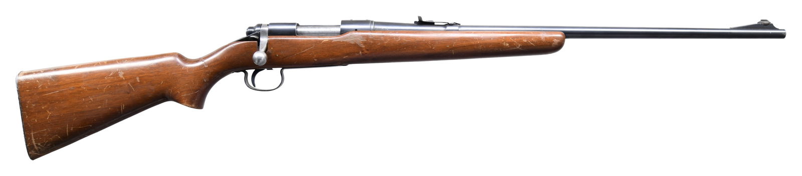 REMINGTON 722 BOLT ACTION RIFLE.: Cal. 300 Savage. S# 43391. Bbl. 22" round. Ramp mounted front sight w/ broken bead & elevator adj. sporting rear sight. Straight comb walnut stock w/ original aluminum buttplate. Mfg. 1948-1952. CONDI