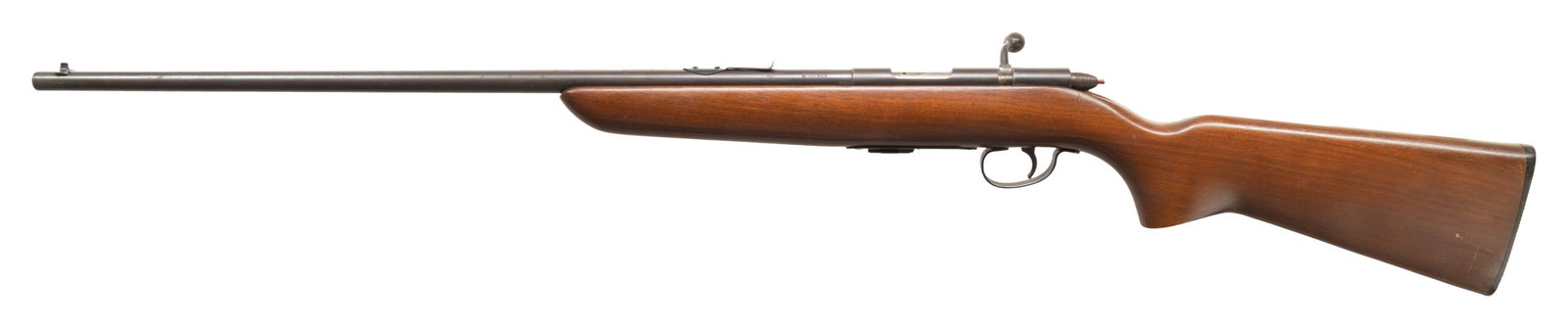 REMINGTON 511 THE SCOREMASTER BOLT ACTION RIFLE.: Cal. 22 S, L, LR. NSN. Bbl. 25"; code "CXX" indicates April 1951 mfg. Sporting sights; rear sight elevator missing. Walnut stock w/ Remington black plastic buttplate. CONDITION: fair fading blue mixin