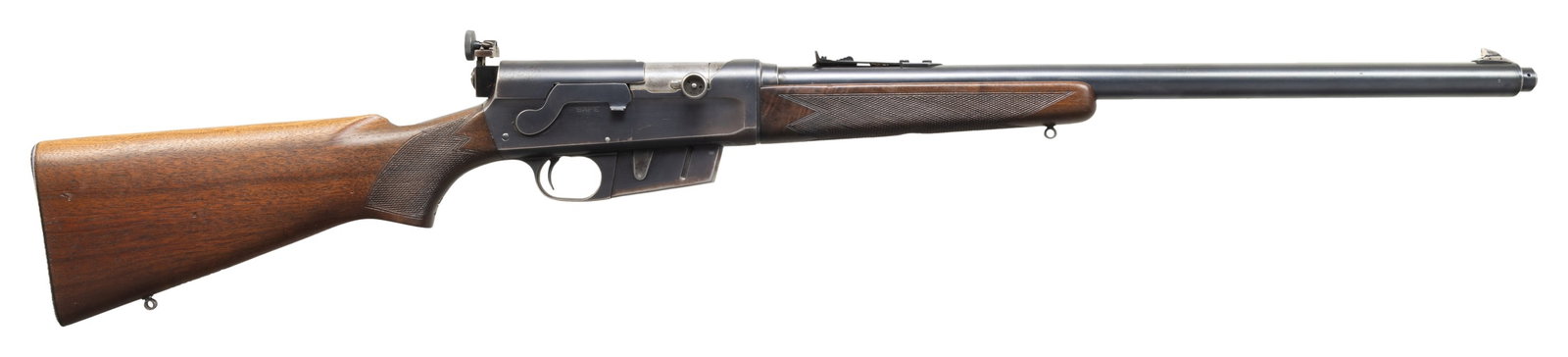 300 SAVAGE, REMINGTON MODEL 81 WOODSMASTER: SEMI AUTO RIFLE. Cal. 300 Savage. S# 54071. Bbl. 23"; "AWW" code app appears to indicate March 1950 mfg. Barrel jacket has replacement blade front sight (with added white paint) & elevator rear sight.